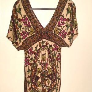 Body Central Women’s Tan, Green and Purple Paisley Boho Dress Size Large